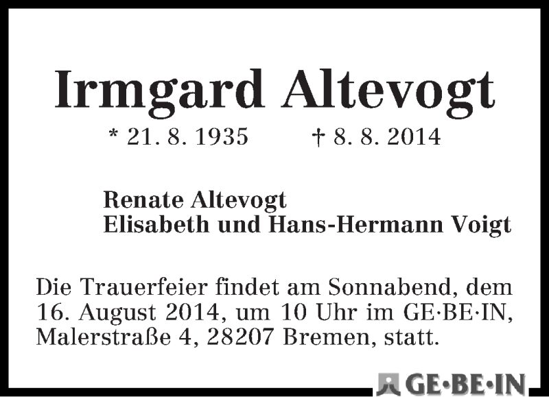 Traueranzeige von Irmgard Altevogt von WESER-KURIER