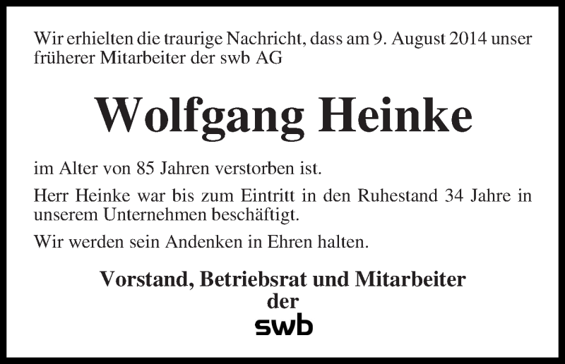 Traueranzeige von Wolfgang Heinke von WESER-KURIER