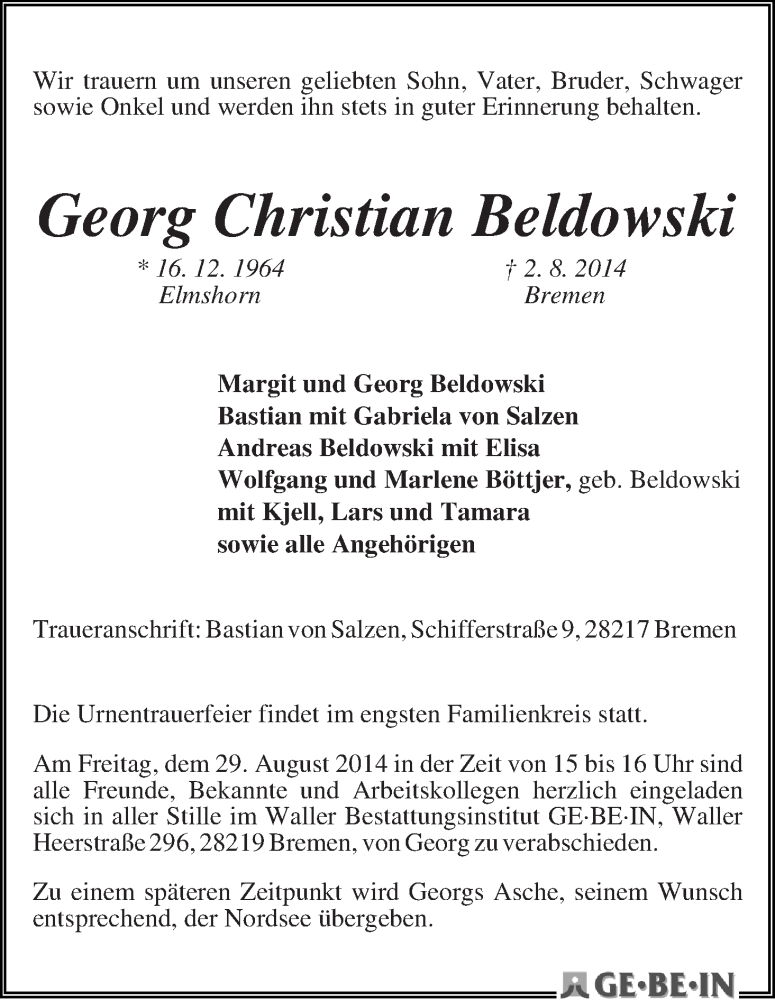 Traueranzeige von Georg Christian Beldowski von WESER-KURIER