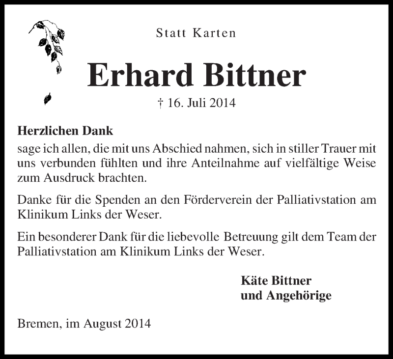 Traueranzeige von Erhard Bittner von WESER-KURIER