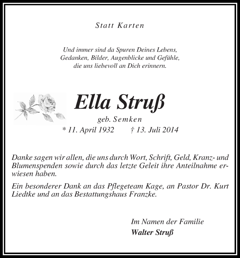 Traueranzeige von Ella Struß von Wuemme Zeitung