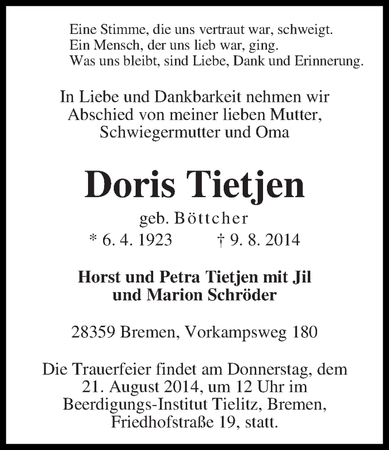 Traueranzeige von Doris Tietjen von WESER-KURIER