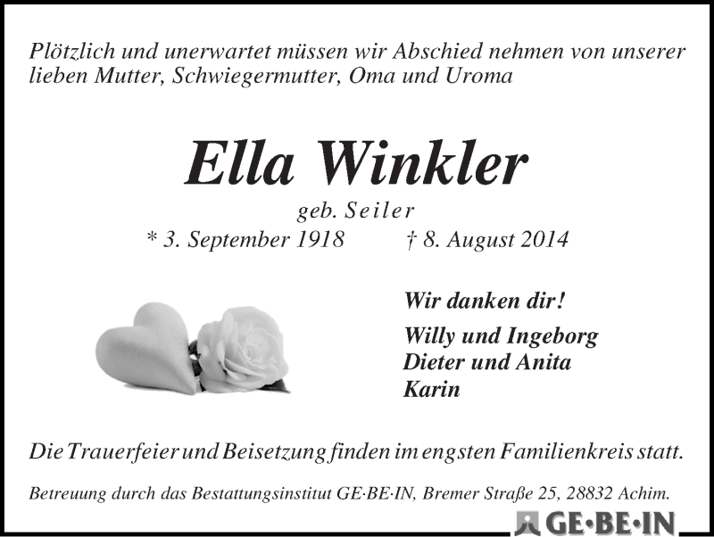 Traueranzeige von Ella Winkler von WESER-KURIER
