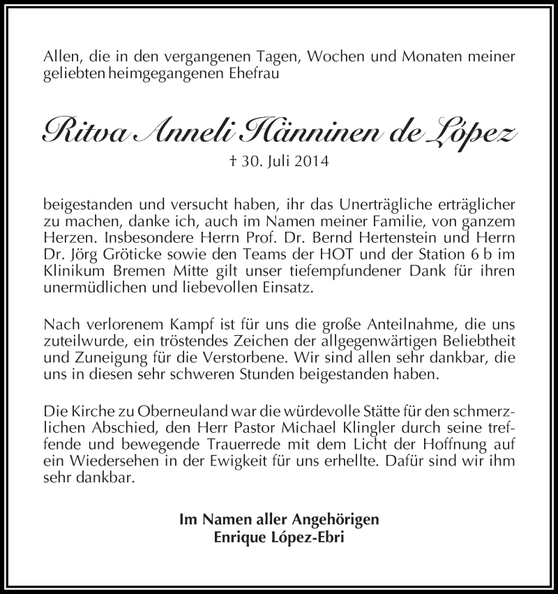 Traueranzeige von Ritva Anneli Hänninen de López von WESER-KURIER
