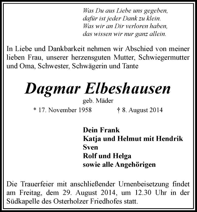 Traueranzeige von Dagmar Elbeshausen von WESER-KURIER