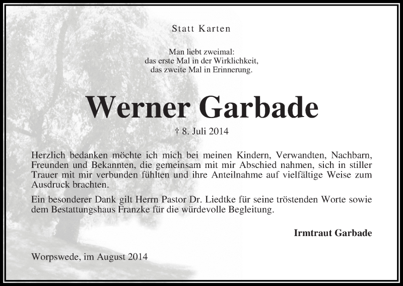Traueranzeige von Werner Garbade von Wuemme Zeitung