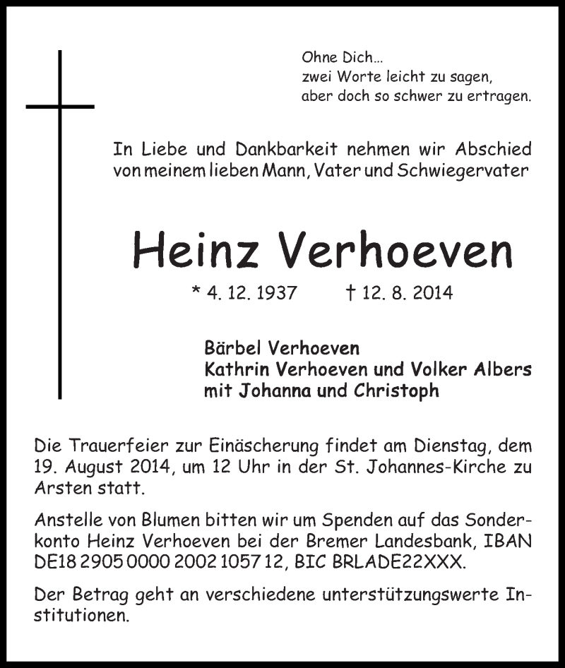 Traueranzeige von Heinz Verhoeven von Regionale Rundschau/Syker Kurier