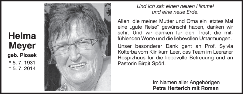 Traueranzeige von Helma Meyer von WESER-KURIER