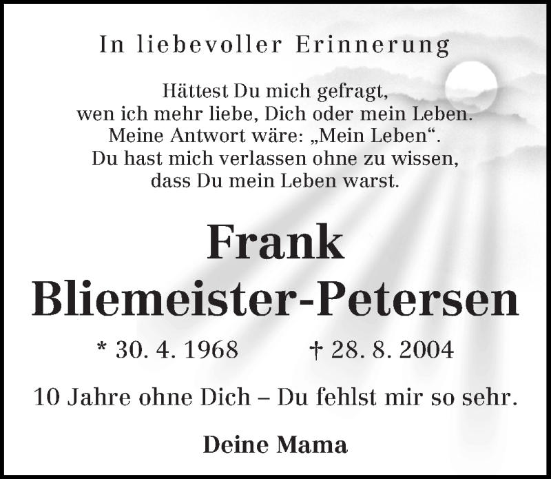  Traueranzeige für Frank Bliemeister-Petersen vom 28.08.2014 aus WESER-KURIER