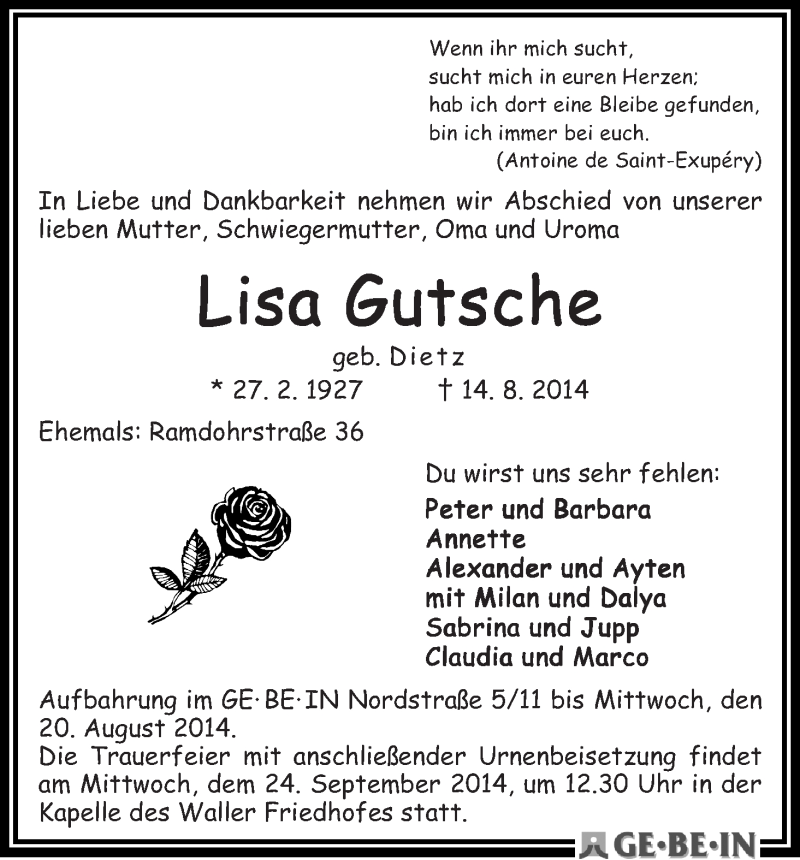 Traueranzeige von Lisa Gutsche von WESER-KURIER