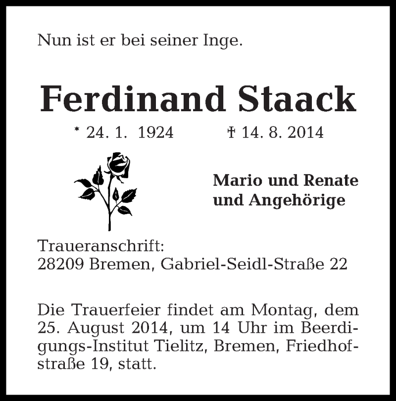 Traueranzeige von Ferdinand Staack von WESER-KURIER