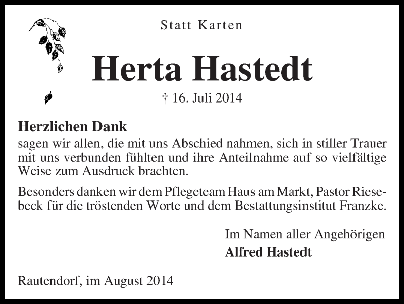Traueranzeige von Herta Hastedt von Wuemme Zeitung