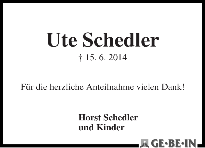 Traueranzeige von Ute Schedler von WESER-KURIER