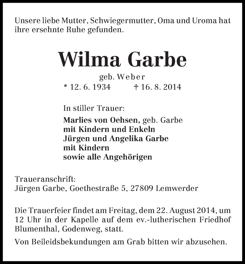 Traueranzeige von Wilma Garbe von Die Norddeutsche