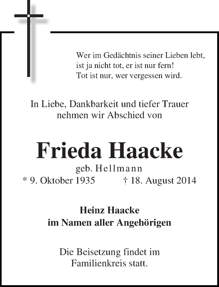 Traueranzeige von Frieda Haacke von WESER-KURIER