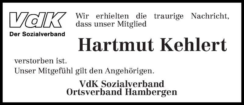 Traueranzeige von Hartmut Kehlert von Osterholzer Kreisblatt