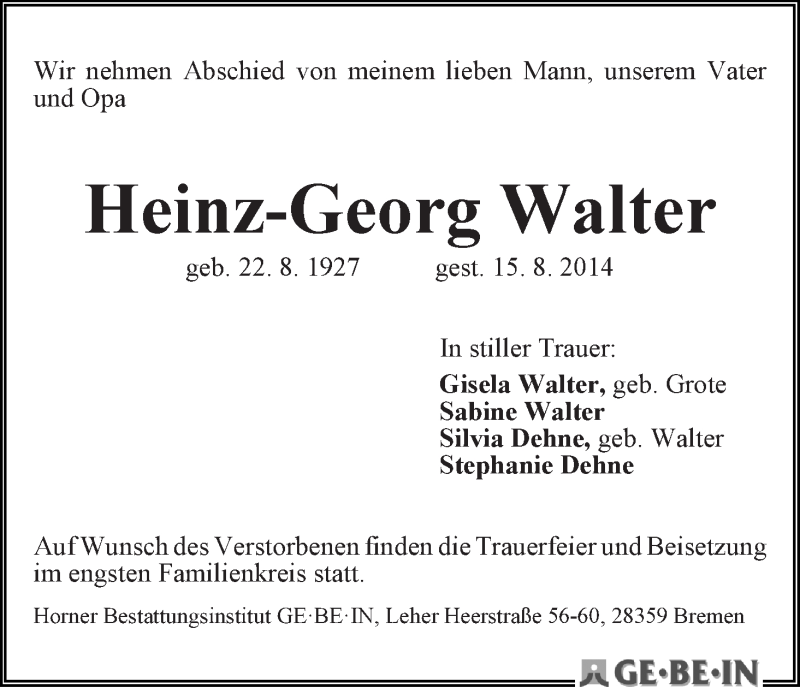 Traueranzeige von Heinz-Georg Walter von WESER-KURIER