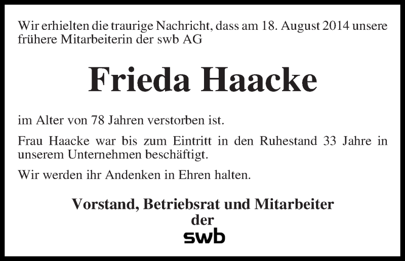 Traueranzeige von Frieda Haacke von WESER-KURIER