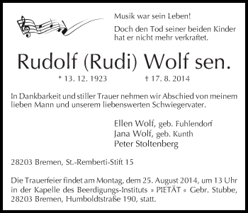Traueranzeige von Rudolf (Rudi) Wolf