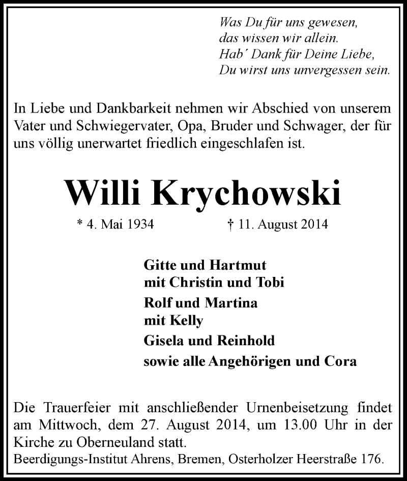 Traueranzeige von Willi Krychowski von WESER-KURIER