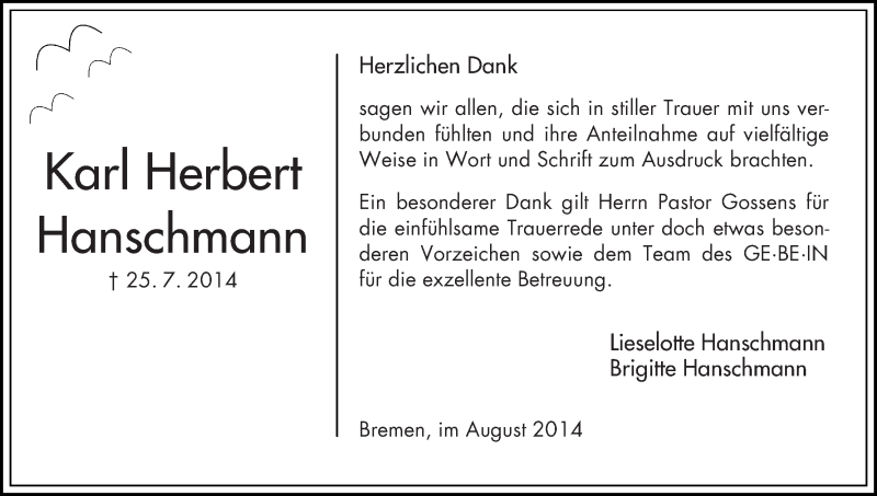 Traueranzeige von Karl-Herbert Hanschmann von WESER-KURIER