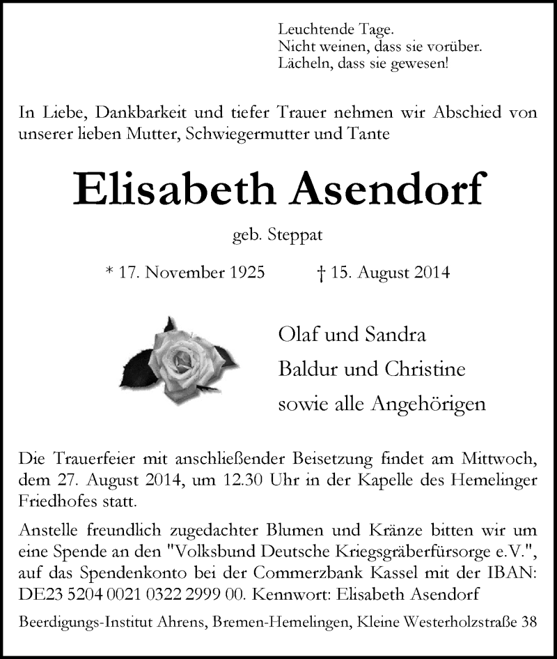 Traueranzeige von Elisabeth Asendorf von WESER-KURIER