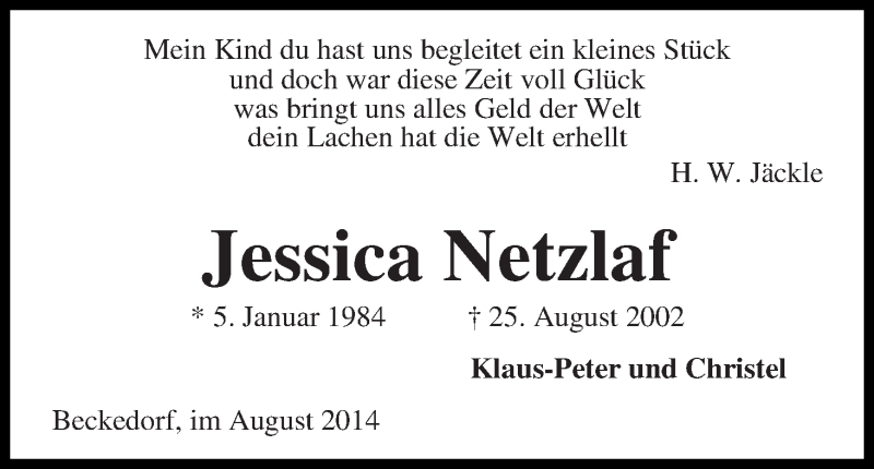  Traueranzeige für Jessica Netzlaf vom 25.08.2014 aus Die Norddeutsche