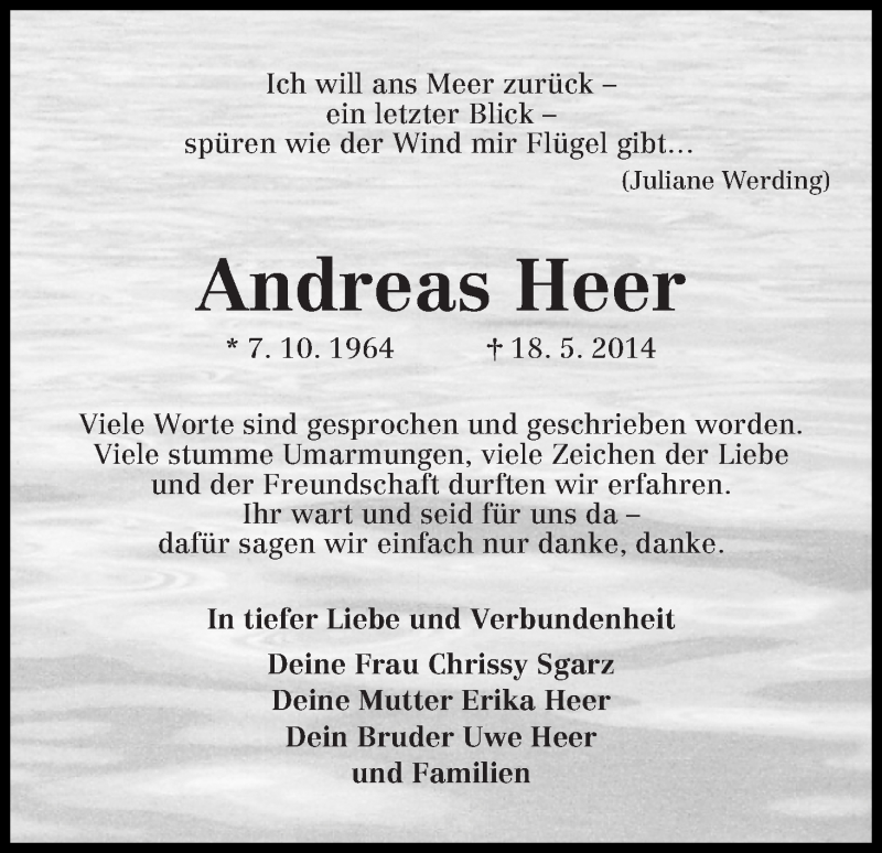  Traueranzeige für Andreas Heer vom 23.08.2014 aus Die Norddeutsche