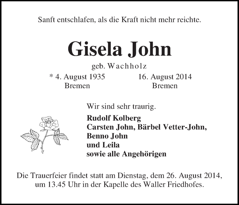 Traueranzeige von Gisela John von WESER-KURIER