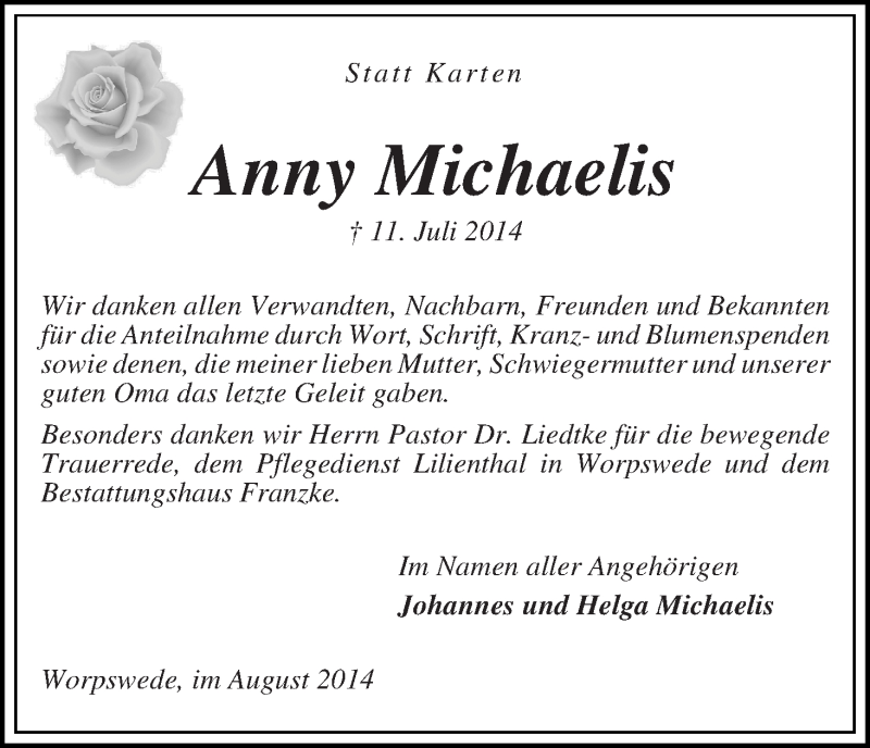 Traueranzeige von Anny Michaelis von Wuemme Zeitung