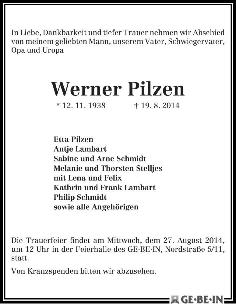 Traueranzeige von Werner Pilzen von WESER-KURIER