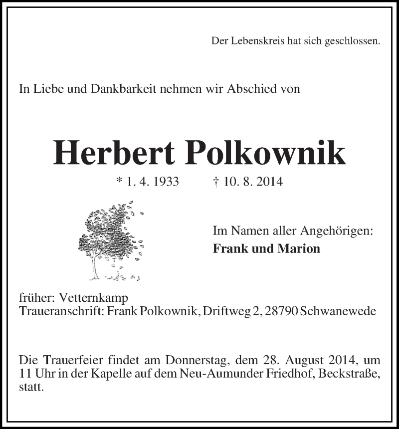 Traueranzeige von Herbert Polkownik von Die Norddeutsche