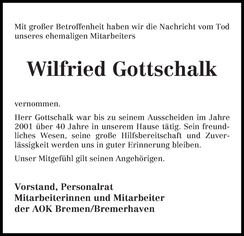 Traueranzeige von Wilfried Gottschalk von WESER-KURIER