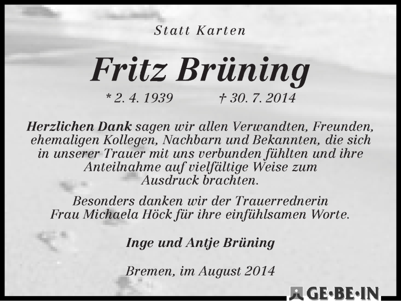 Traueranzeige von Fritz Brüning von WESER-KURIER