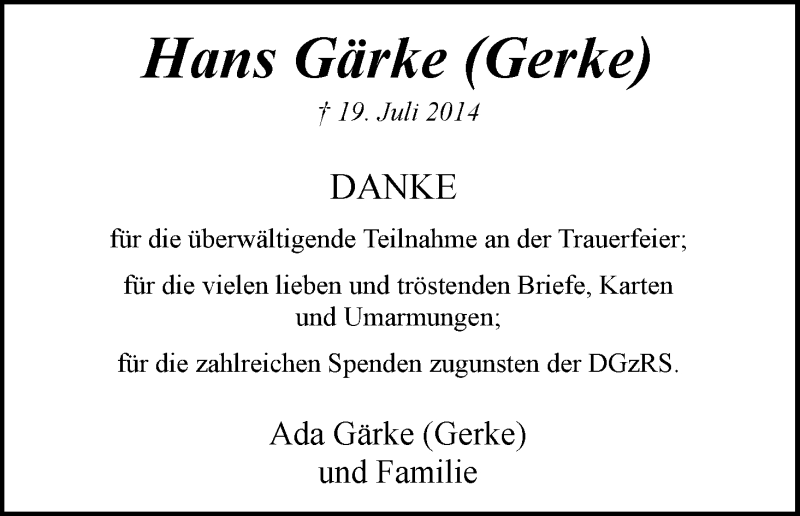 Traueranzeige von Hans Gärke von WESER-KURIER