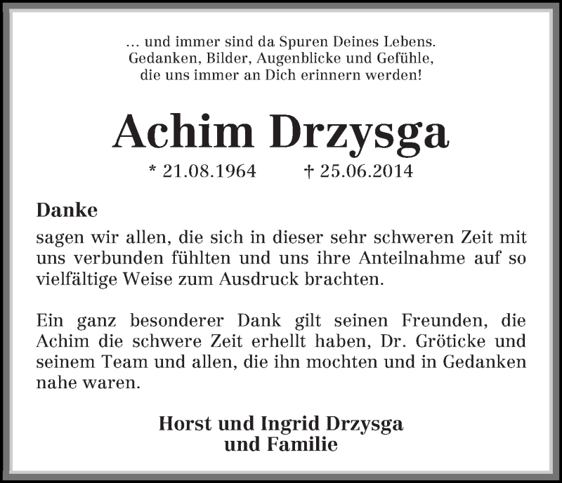  Traueranzeige für Achim Drzysga vom 23.08.2014 aus WESER-KURIER