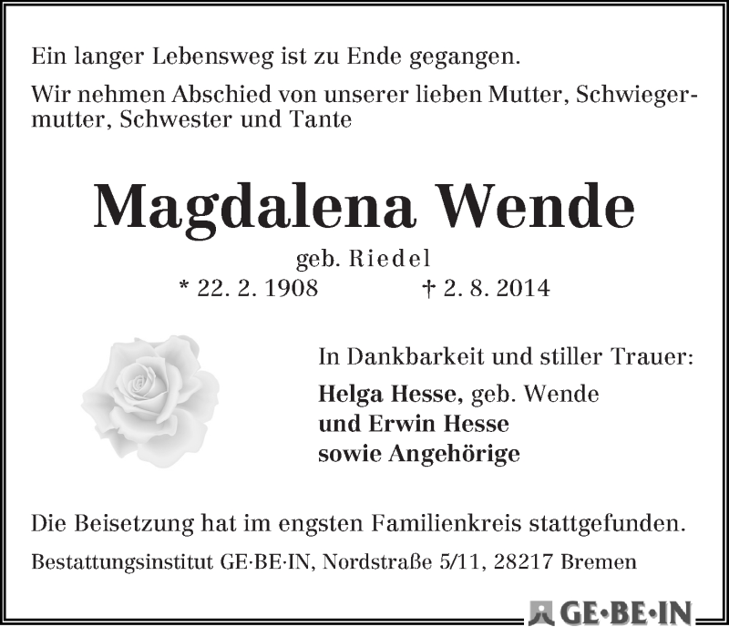 Traueranzeige von Magdalena Wende von WESER-KURIER