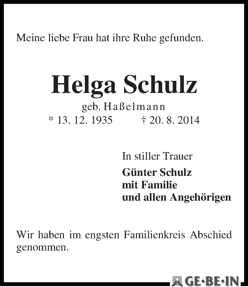 Traueranzeige von Helga Schulz von WESER-KURIER