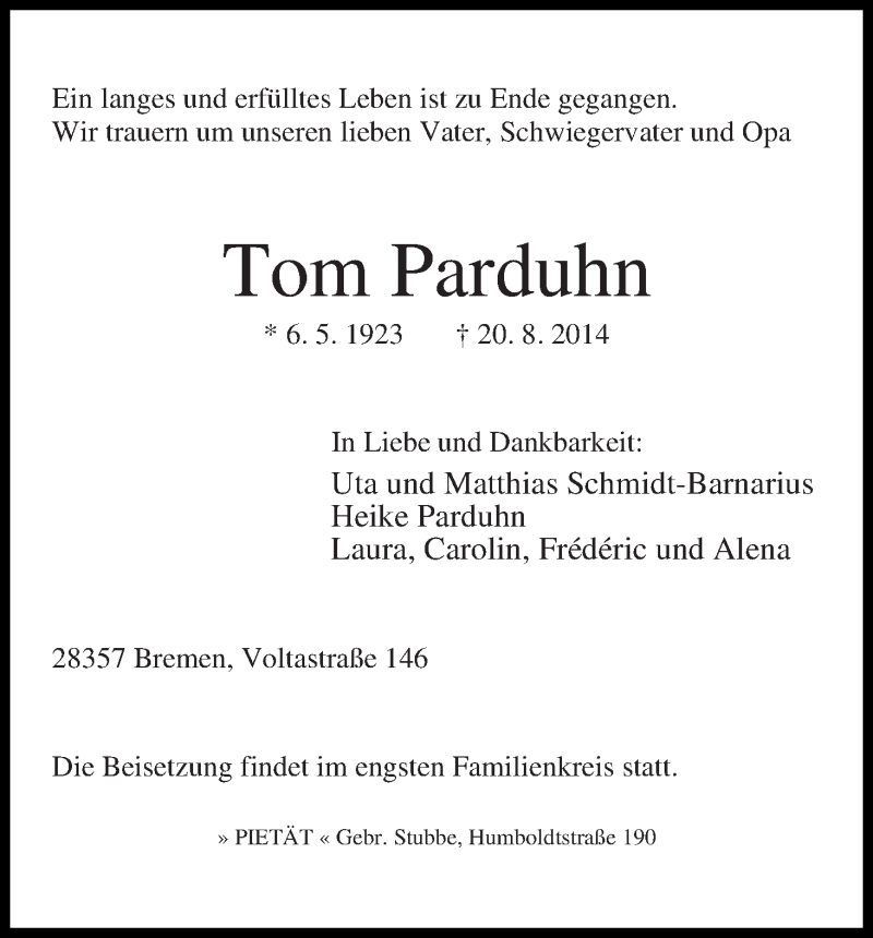 Traueranzeige von Tom Parduhn von WESER-KURIER
