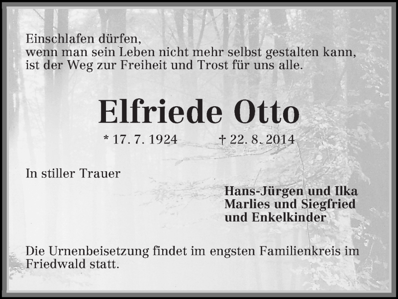 Traueranzeige von Elfriede Otto von Die Norddeutsche