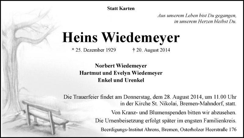 Traueranzeige von Heins Wiedemeyer von WESER-KURIER