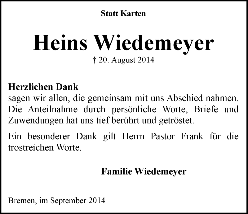Traueranzeige von Heins Wiedemeyer von WESER-KURIER