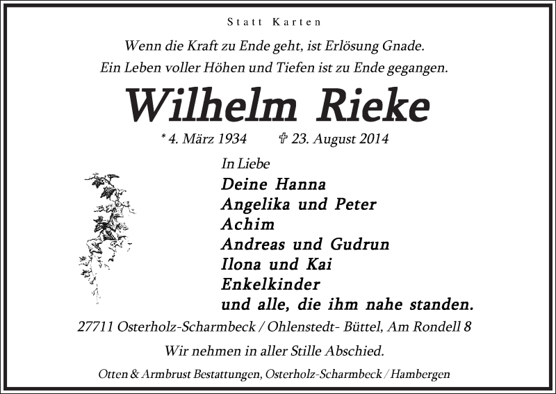 Traueranzeige von Wilhelm Rieke von Osterholzer Kreisblatt