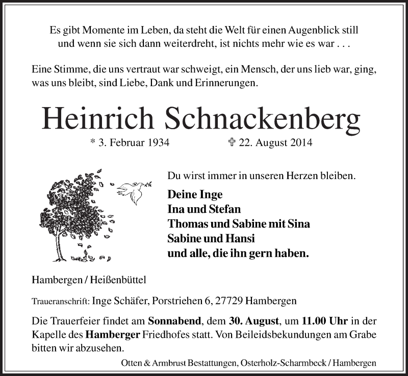 Traueranzeige von Heinrich Schnackenberg von Osterholzer Kreisblatt