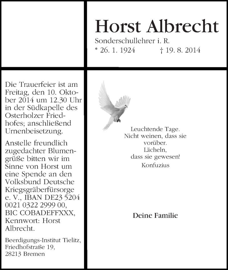 Traueranzeige von Horst Albrecht von WESER-KURIER