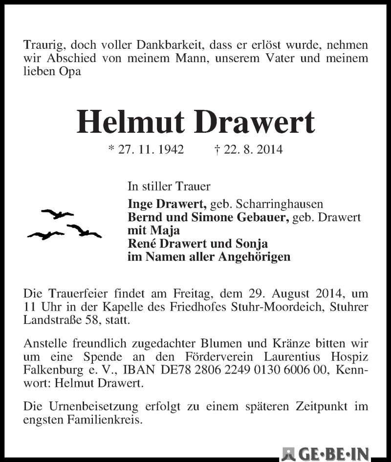 Traueranzeige von Helmut Drawert von WESER-KURIER