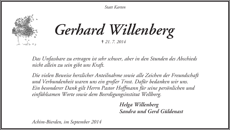 Traueranzeige von Gerhard Willenberg von Achimer Kurier/Verdener Nachrichten