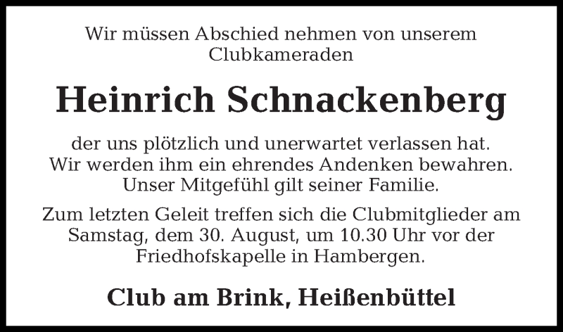 Traueranzeige von Heinrich Schnackenberg von Osterholzer Kreisblatt