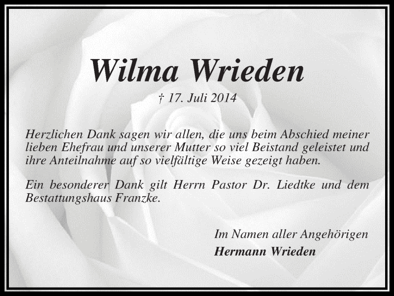 Traueranzeige von Wilma Wrieden von Wuemme Zeitung