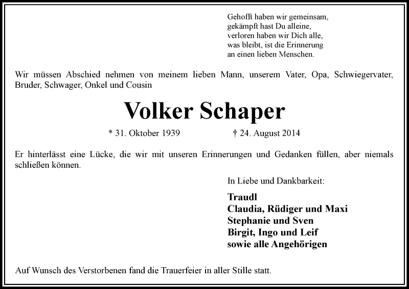Traueranzeige von Volker Schaper von WESER-KURIER